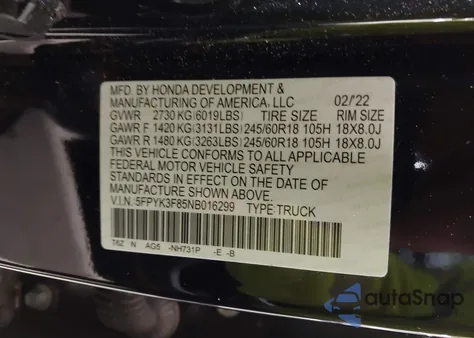 2022 Honda Ridgeline Black Edition из США, поврежденный, VIN 5FPYK3F85NB016299